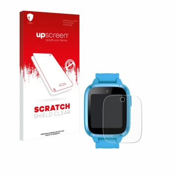 Vorderseite einer Produktverpackung mit dem Markenlogo upscreen. Daneben ist das Gerät Xplora Kidzi Watch mit dem zugehörigen 