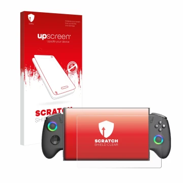 Vorderseite einer Produktverpackung mit dem Markenlogo upscreen. Daneben ist das Gerät OneXPlayer X1 Mini mit dem zugehörigen 
