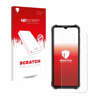 Vorderseite einer Produktverpackung mit dem Markenlogo upscreen. Daneben ist das Gerät Oukitel WP28E mit dem zugehörigen Displ