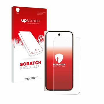 Vorderseite einer Produktverpackung mit dem Markenlogo upscreen. Daneben ist das Gerät Google Pixel 9 Pro Fold mit dem zugehör