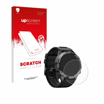 Vorderseite einer Produktverpackung mit dem Markenlogo upscreen. Daneben ist das Gerät Sanorum Smartwatch 1.43