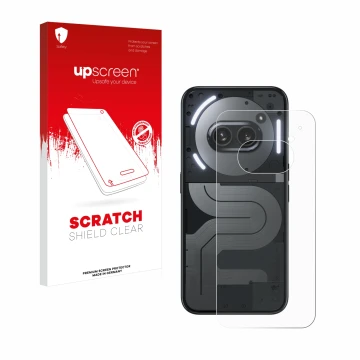 Vorderseite einer Produktverpackung mit dem Markenlogo upscreen. Daneben ist das Gerät Nothing Phone (2a) Plus (Rückseite) mit