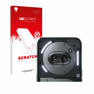 Vorderseite einer Produktverpackung mit dem Markenlogo upscreen. Daneben ist das Gerät Nothing Phone (2a) Plus (NUR Kameraschu