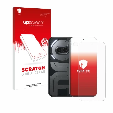 Vorderseite einer Produktverpackung mit dem Markenlogo upscreen. Daneben ist das Gerät Nothing Phone (2a) Plus (Display+Kamera