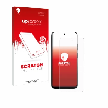 Vorderseite einer Produktverpackung mit dem Markenlogo upscreen. Daneben ist das Gerät Motorola G34 5G mit dem zugehörigen Dis