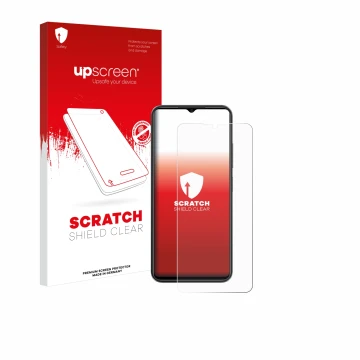 Vorderseite einer Produktverpackung mit dem Markenlogo upscreen. Daneben ist das Gerät ZTE Blade A54 mit dem zugehörigen Displ