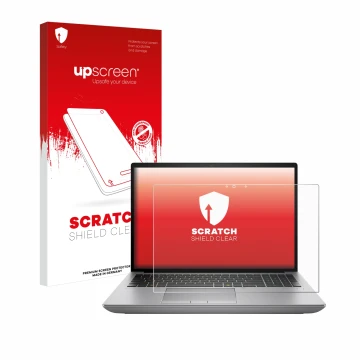 Vorderseite einer Produktverpackung mit dem Markenlogo upscreen. Daneben ist das Gerät HP ZBook Fury 16 G11 mit dem zugehörige