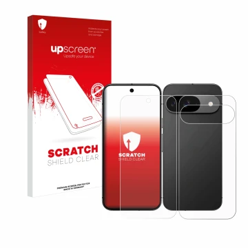 Vorderseite einer Produktverpackung mit dem Markenlogo upscreen. Daneben ist das Gerät Google Pixel 9 (Display+Rückseite) mit 