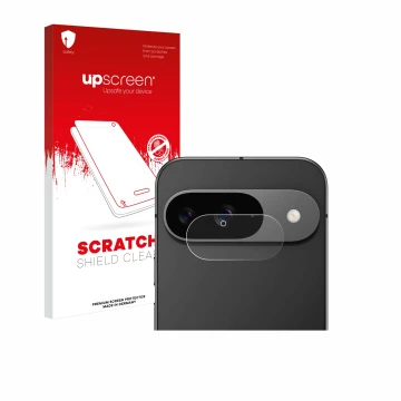 Vorderseite einer Produktverpackung mit dem Markenlogo upscreen. Daneben ist das Gerät Google Pixel 9 (NUR Kameraschutz) mit d