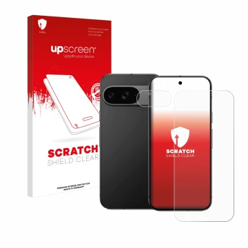 Vorderseite einer Produktverpackung mit dem Markenlogo upscreen. Daneben ist das Gerät Google Pixel 9 (Display+Kamera) mit dem