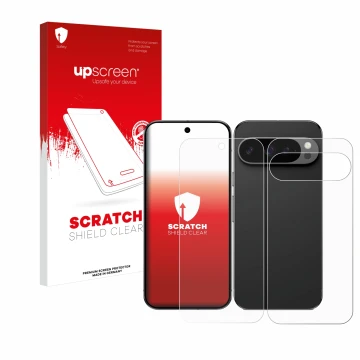 Vorderseite einer Produktverpackung mit dem Markenlogo upscreen. Daneben ist das Gerät Google Pixel 9 Pro (Display+Rückseite) 