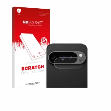 Vorderseite einer Produktverpackung mit dem Markenlogo upscreen. Daneben ist das Gerät Google Pixel 9 Pro (NUR Kameraschutz) m