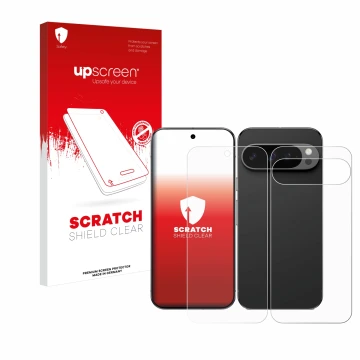 Vorderseite einer Produktverpackung mit dem Markenlogo upscreen. Daneben ist das Gerät Google Pixel 9 Pro XL (Display+Rückseit