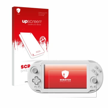 Vorderseite einer Produktverpackung mit dem Markenlogo upscreen. Daneben ist das Gerät AYN Odin 2 Mini mit dem zugehörigen Dis