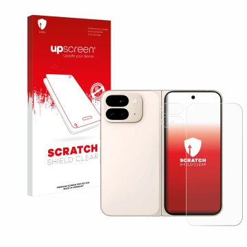 Vorderseite einer Produktverpackung mit dem Markenlogo upscreen. Daneben ist das Gerät Google Pixel 9 Pro Fold (Display+Kamera