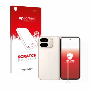 Vorderseite einer Produktverpackung mit dem Markenlogo upscreen. Daneben ist das Gerät Google Pixel 9 Pro Fold (Display+Rückse