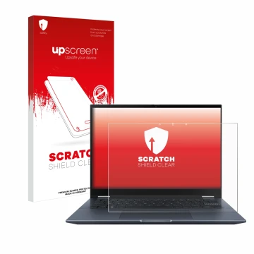 Vorderseite einer Produktverpackung mit dem Markenlogo upscreen. Daneben ist das Gerät ASUS Vivobook S 14 Flip TN3402 mit dem 