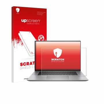Vorderseite einer Produktverpackung mit dem Markenlogo upscreen. Daneben ist das Gerät HP Zbook Studio 16 G11 mit dem zugehöri
