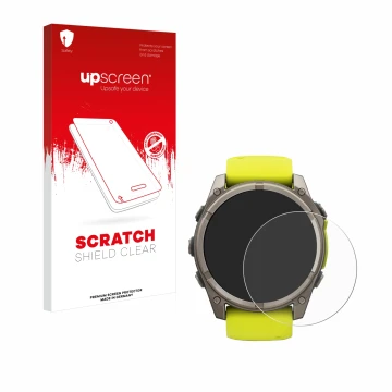 Vorderseite einer Produktverpackung mit dem Markenlogo upscreen. Daneben ist das Gerät Garmin Fenix 8 Solar (51 mm) mit dem zu