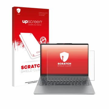 Vorderseite einer Produktverpackung mit dem Markenlogo upscreen. Daneben ist das Gerät Lenovo IdeaPad Pro 5 14AHP9 mit dem zug