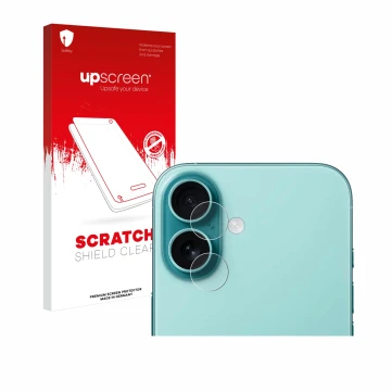 Vorderseite einer Produktverpackung mit dem Markenlogo upscreen. Daneben ist das Gerät Apple iPhone 16 (NUR Kameraschutz) mit 