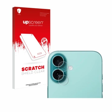 Vorderseite einer Produktverpackung mit dem Markenlogo upscreen. Daneben ist das Gerät Apple iPhone 16 Plus (NUR Kameraschutz)