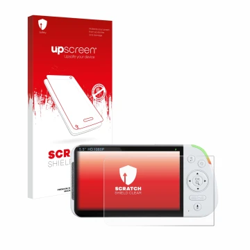 Vorderseite einer Produktverpackung mit dem Markenlogo upscreen. Daneben ist das Gerät Babysense MaxView-2CAM 5,5