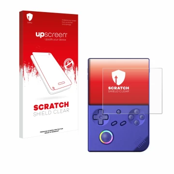 Vorderseite einer Produktverpackung mit dem Markenlogo upscreen. Daneben ist das Gerät Anbernic RG40XXV mit dem zugehörigen Di