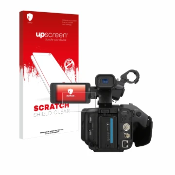 Vorderseite einer Produktverpackung mit dem Markenlogo upscreen. Daneben ist das Gerät Sony PXW-Z200 mit dem zugehörigen Displ