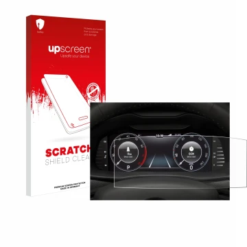 Vorderseite einer Produktverpackung mit dem Markenlogo upscreen. Daneben ist das Gerät Skoda Virtual Cockpit 10.25