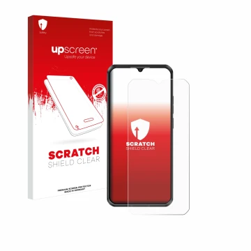 Vorderseite einer Produktverpackung mit dem Markenlogo upscreen. Daneben ist das Gerät Oukitel WP50 mit dem zugehörigen Displa