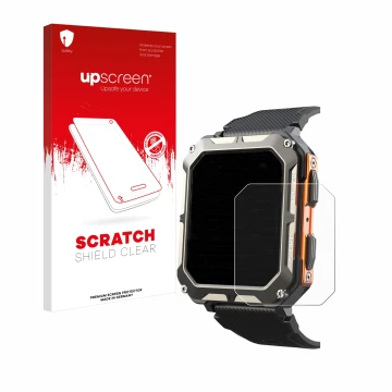 Vorderseite einer Produktverpackung mit dem Markenlogo upscreen. Daneben ist das Gerät Findtime Smartwatch 1.83