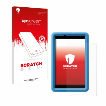 Vorderseite einer Produktverpackung mit dem Markenlogo upscreen. Daneben ist das Gerät Blackview Tab A5 Kids mit dem zugehörig