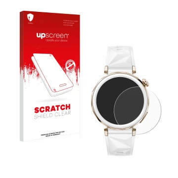 Vorderseite einer Produktverpackung mit dem Markenlogo upscreen. Daneben ist das Gerät Huawei Watch GT 5 Pro (42 mm) mit dem z