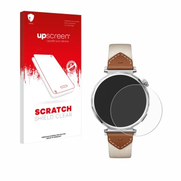 Vorderseite einer Produktverpackung mit dem Markenlogo upscreen. Daneben ist das Gerät Huawei Watch GT 5 (41 mm) mit dem zugeh