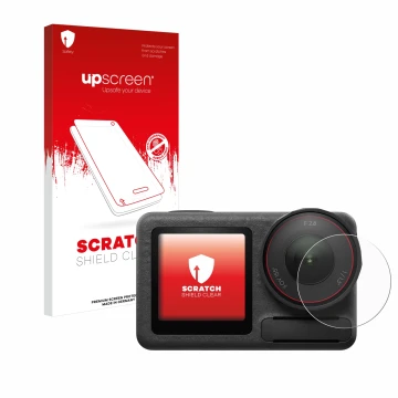 Vorderseite einer Produktverpackung mit dem Markenlogo upscreen. Daneben ist das Gerät DJI Osmo Action 5 Pro (Linse) mit dem z