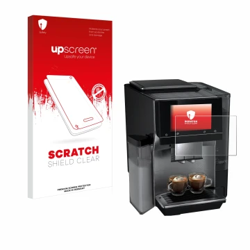 Vorderseite einer Produktverpackung mit dem Markenlogo upscreen. Daneben ist das Gerät Siemens EQ700 mit dem zugehörigen Displ