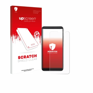 Vorderseite einer Produktverpackung mit dem Markenlogo upscreen. Daneben ist das Gerät TCL 403 mit dem zugehörigen Displayschu