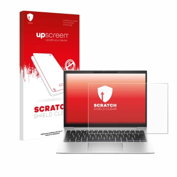 Vorderseite einer Produktverpackung mit dem Markenlogo upscreen. Daneben ist das Gerät HP EliteBook 830 G11 mit dem zugehörige