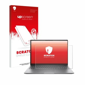 Vorderseite einer Produktverpackung mit dem Markenlogo upscreen. Daneben ist das Gerät HP ZBook Power 16 G11 mit dem zugehörig