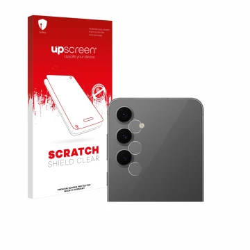 Vorderseite einer Produktverpackung mit dem Markenlogo upscreen. Daneben ist das Gerät Samsung Galaxy S24 FE (NUR Kameraschutz