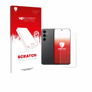 Vorderseite einer Produktverpackung mit dem Markenlogo upscreen. Daneben ist das Gerät Samsung Galaxy S24 FE (Display+Kamera) 