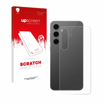 Vorderseite einer Produktverpackung mit dem Markenlogo upscreen. Daneben ist das Gerät Samsung Galaxy S24 FE (Rückseite) mit d