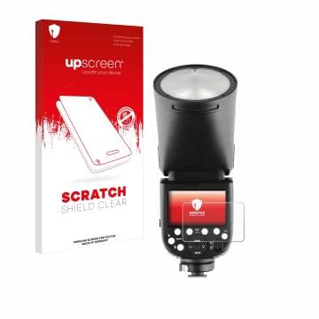 Vorderseite einer Produktverpackung mit dem Markenlogo upscreen. Daneben ist das Gerät Godox TT685 II mit dem zugehörigen Disp