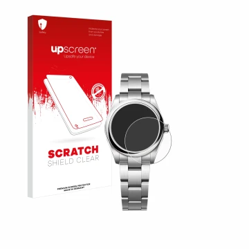 Vorderseite einer Produktverpackung mit dem Markenlogo upscreen. Daneben ist das Gerät Rolex Oyster Perpetual 31 mit dem zugeh