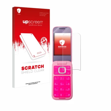 Vorderseite einer Produktverpackung mit dem Markenlogo upscreen. Daneben ist das Gerät HMD Barbie Phone mit dem zugehörigen Di
