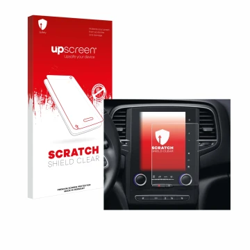 Vorderseite einer Produktverpackung mit dem Markenlogo upscreen. Daneben ist das Gerät Renault Scenic IV RLINK-2 2018 mit dem 