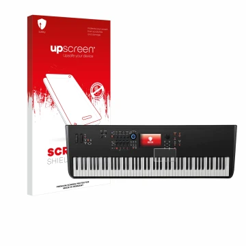 Vorderseite einer Produktverpackung mit dem Markenlogo upscreen. Daneben ist das Gerät Yamaha MODX8+ mit dem zugehörigen Displ