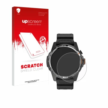Vorderseite einer Produktverpackung mit dem Markenlogo upscreen. Daneben ist das Gerät Mobvoi Ticwatch Atlas mit dem zugehörig