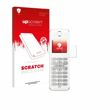 Vorderseite einer Produktverpackung mit dem Markenlogo upscreen. Daneben ist das Gerät AVM Fritz!Fon M2 mit dem zugehörigen Di